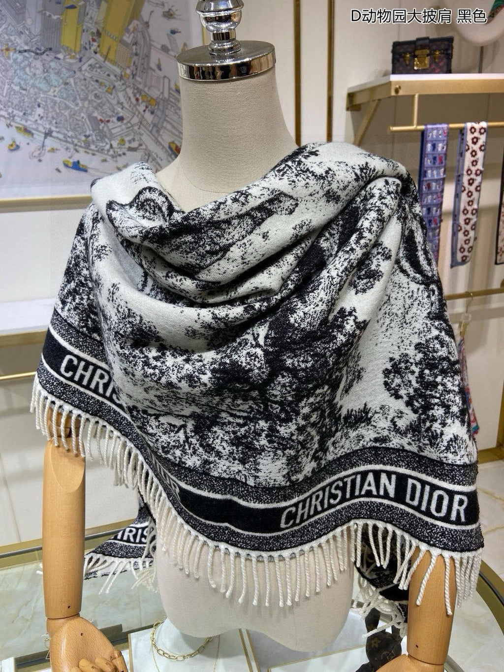 DIOR SQUARE SCARF 140 CM IN BLACK MIX WHITE MONOGRAM CASHMERE AND WOOL 416918