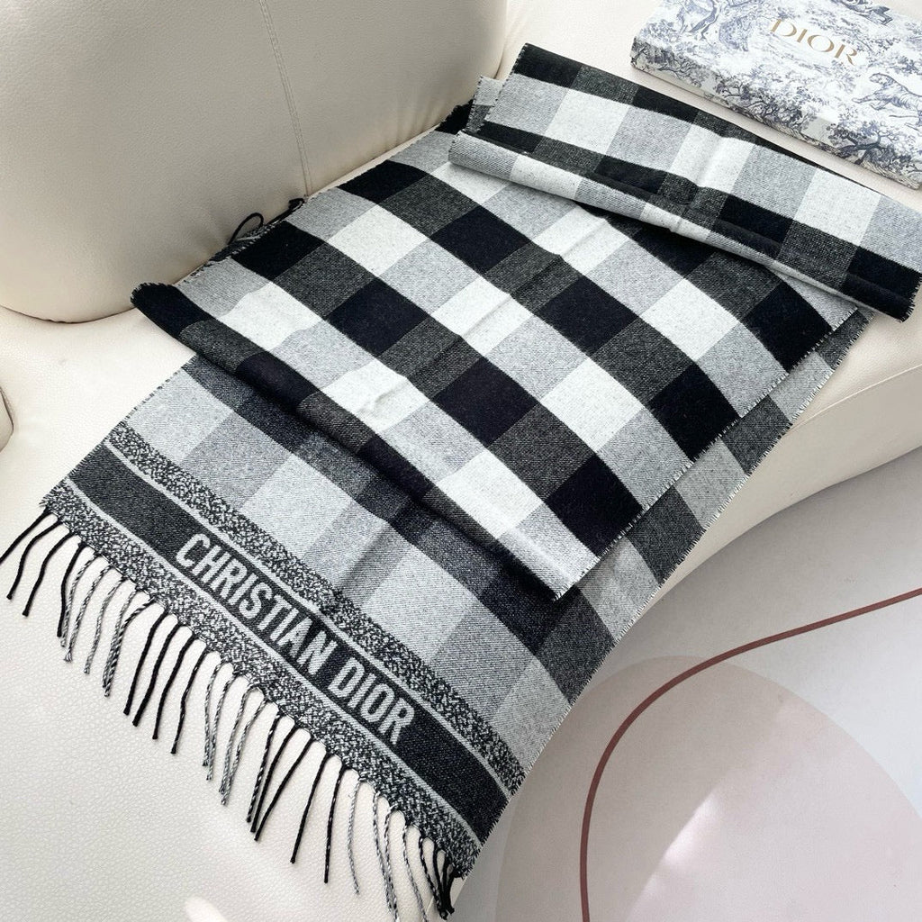 DIOR CHECK SCARF 180 CM IN BLACK MIX WHITE CASHMERE AND WOOL 415299