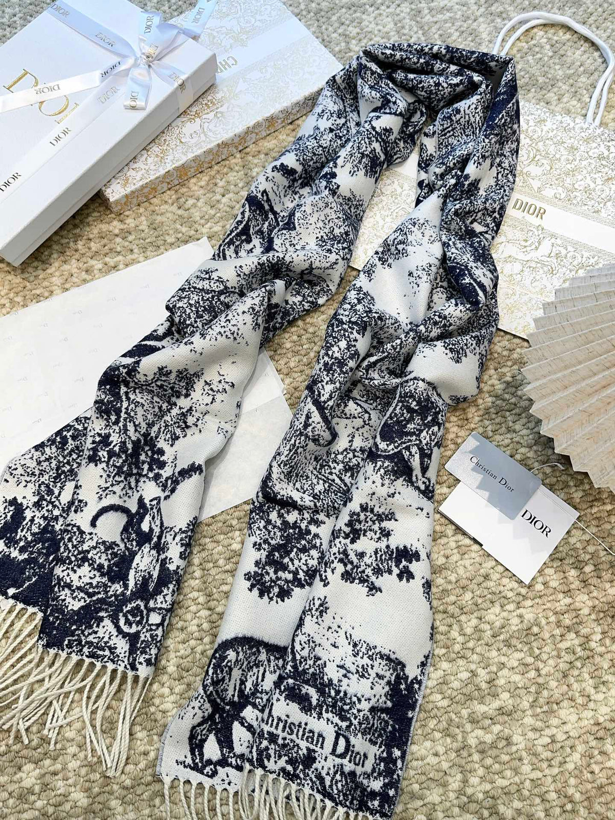 DIOR SCARF 220 CM IN NAVY BLUE MIX WHITE MONOGRAM CASHMERE AND WOOL 413656