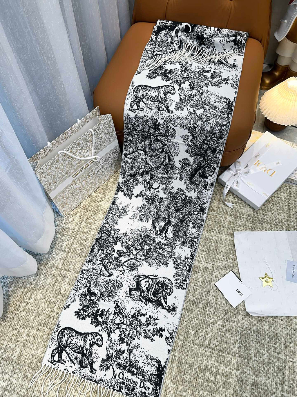DIOR SCARF 220 CM IN BLACK MIX WHITE MONOGRAM CASHMERE AND WOOL 413658