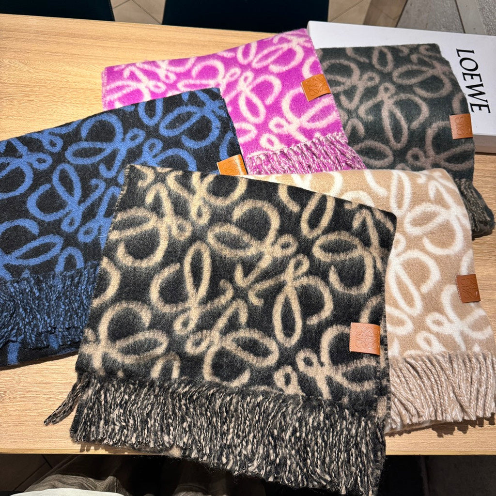LOEWE ANAGRAM 200 CM SCARF IN BLACK MIX BLUE ALPACA AND WOOL 411848