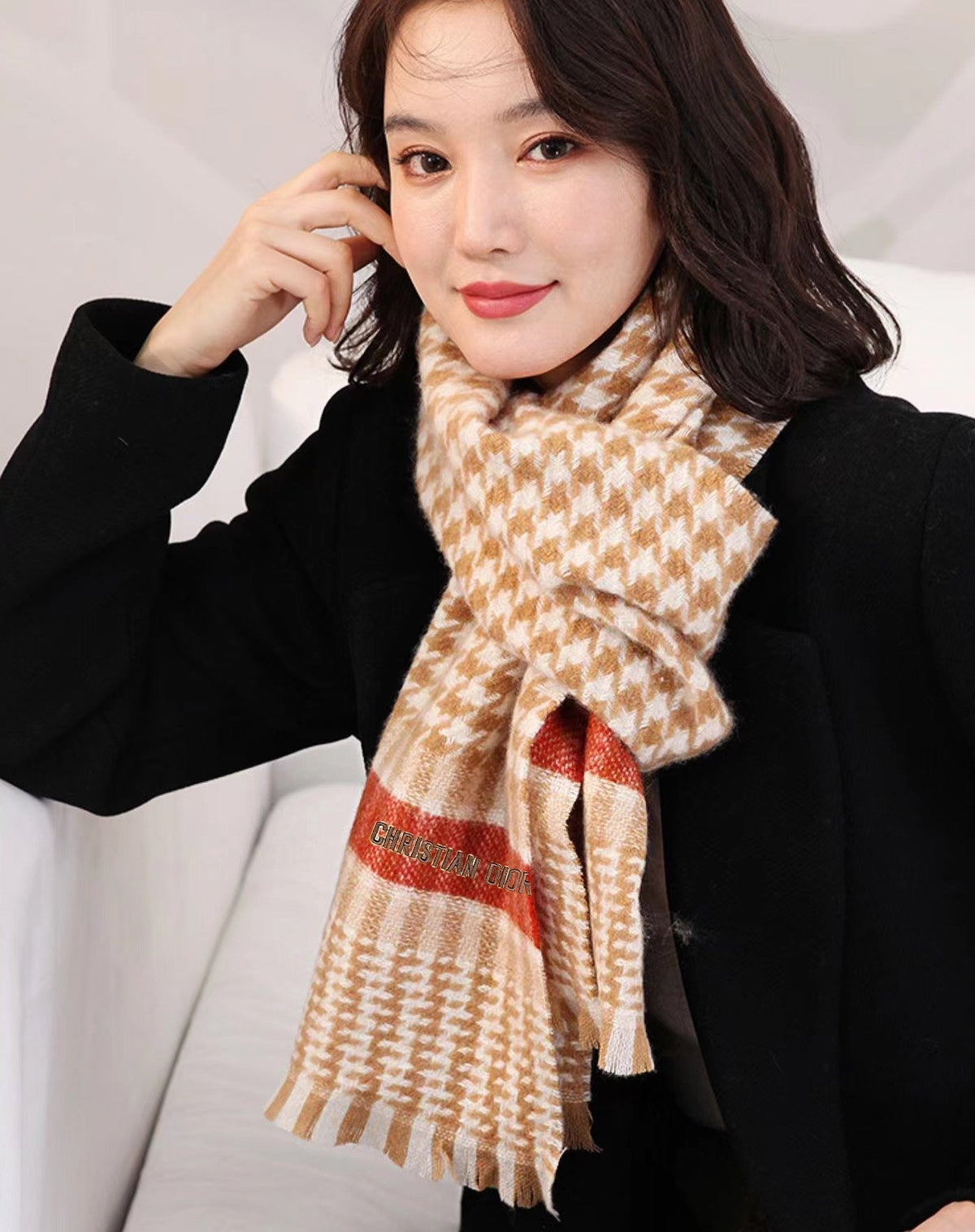 DIOR SCARF 190 CM IN PEANUT BROWN MIX WHITE CASHMERE 416802