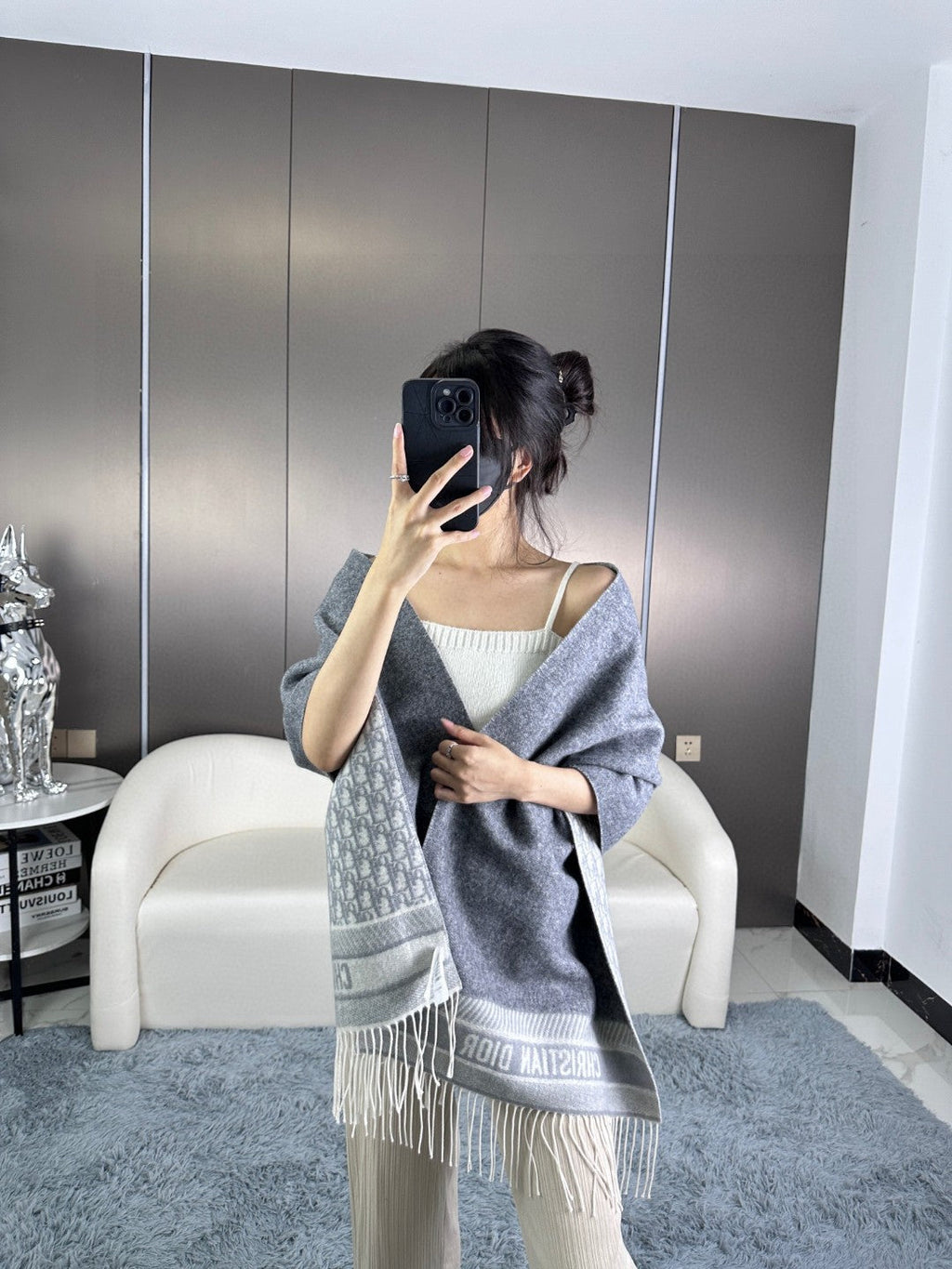 DIOR SCARF IN PALE GRAY MONOGRAM CASHMERE 413720