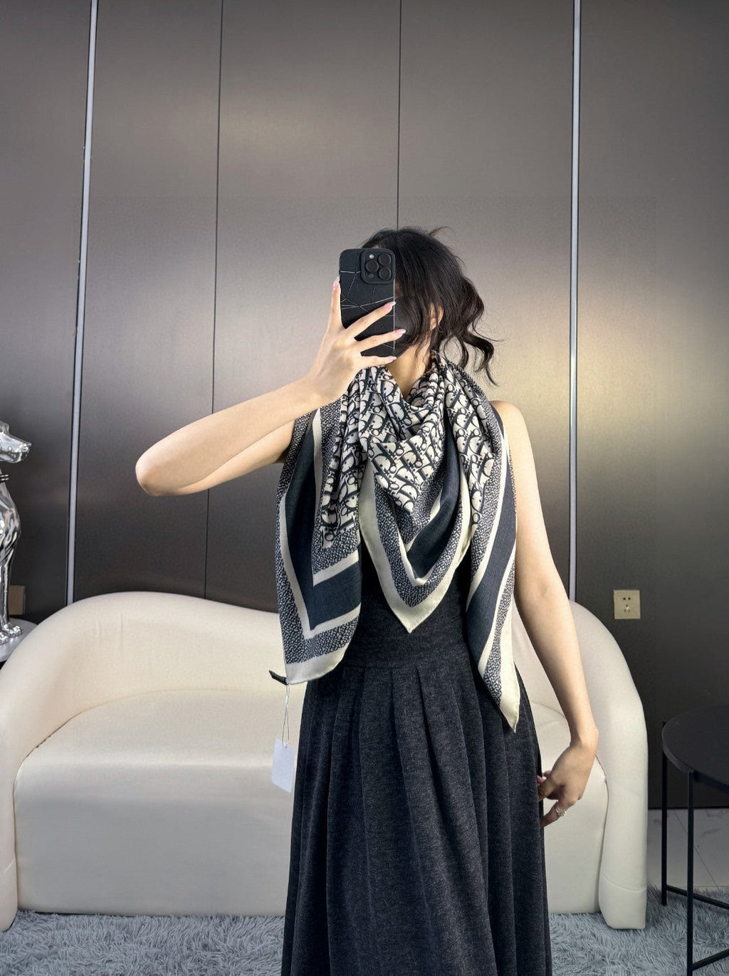 DIOR MONOGRAM SQUARE SCARF 140 CM IN BLACK MIX WHITE  CASHMERE AND SILK 413742