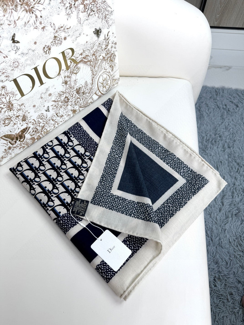 DIOR MONOGRAM SQUARE SCARF 140 CM IN BLACK MIX WHITE  CASHMERE AND SILK 413742