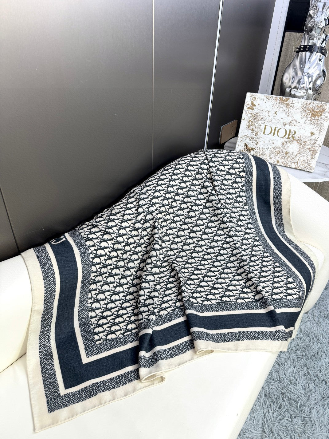 DIOR MONOGRAM SQUARE SCARF 140 CM IN BLACK MIX WHITE  CASHMERE AND SILK 413742